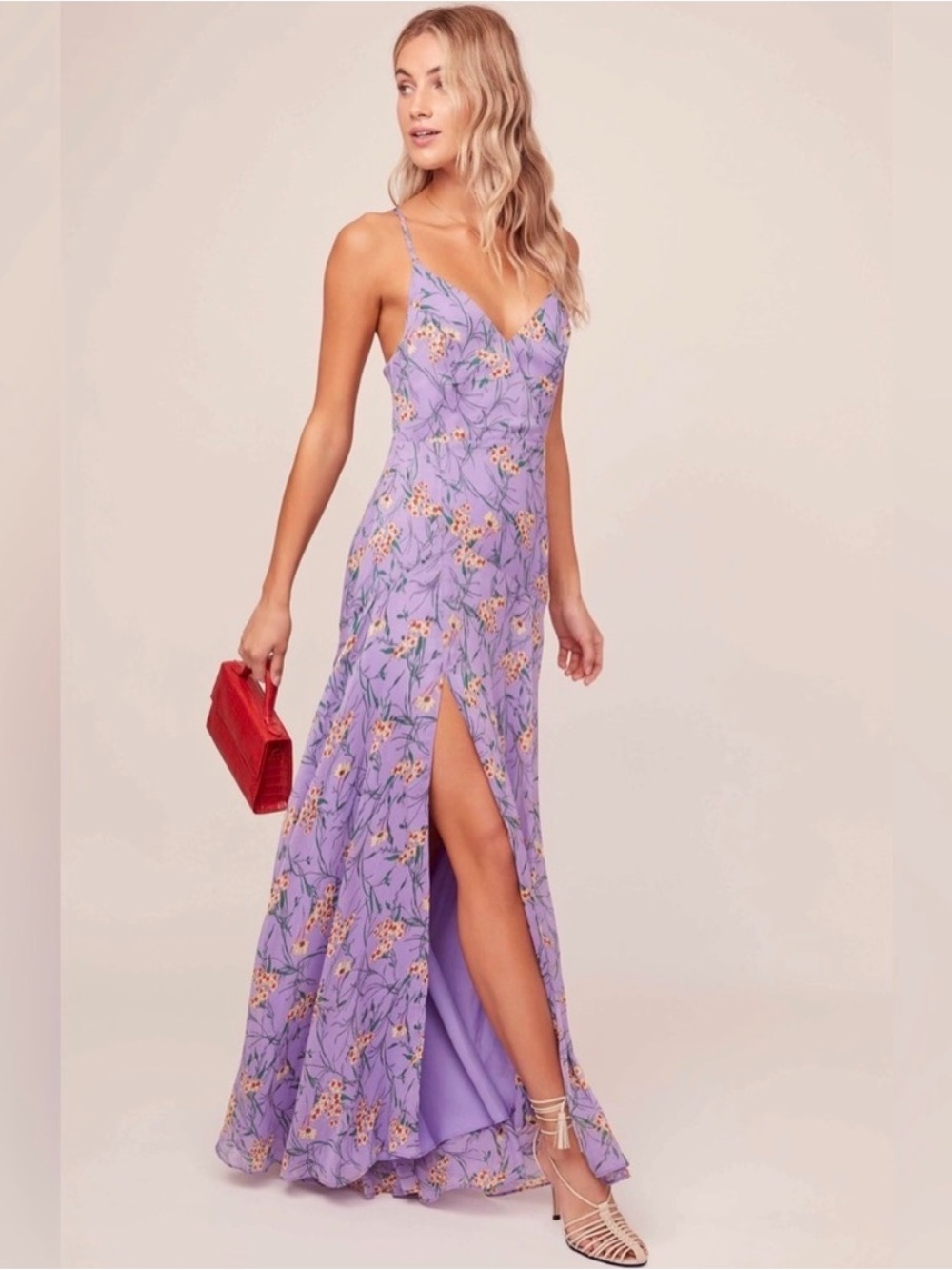 ASTR The Label Pandora Floral Maxi Dress Size Large Purple Yellow Slit Wedding - Picture 3 of 14